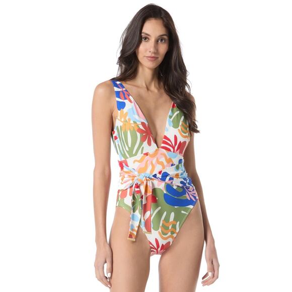 Vince Camuto Women's Printed Belted Plunge One-Piece Swimsuit Multi Size 6 1143